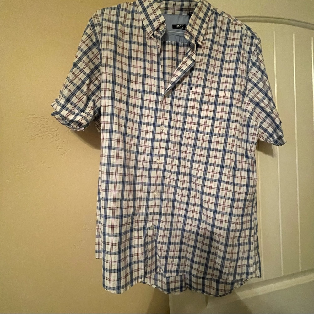 Izod Blue and White Plaid Casual Shirt